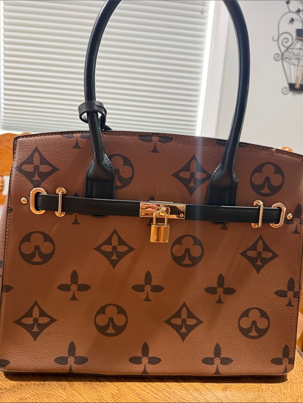 Brown Monogram Tote Handbag with Black Handles